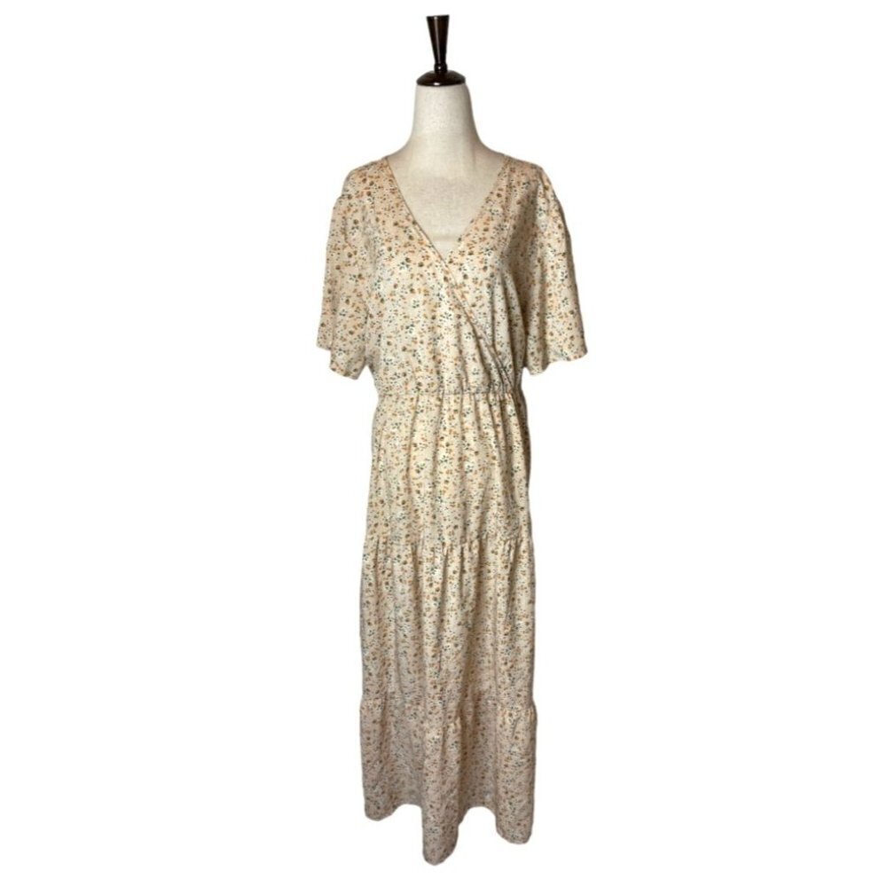 Kojooin Ivory And Orange Floral Print V Neck Tiered Hem Maxi Dress‎ Size 2XL